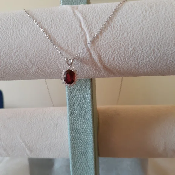 1/2 Price Marked Sterling Silver Genuine Garnet and White Topaz Pendant, Chain - Picture 11 of 12